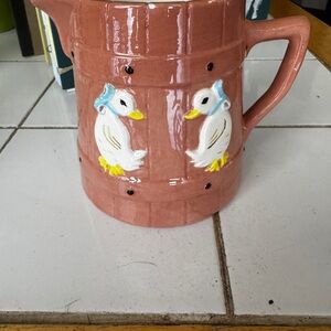 Vintage Pink hand painted ceramic pitcher with geese wearing blue bows 5x4 Rare